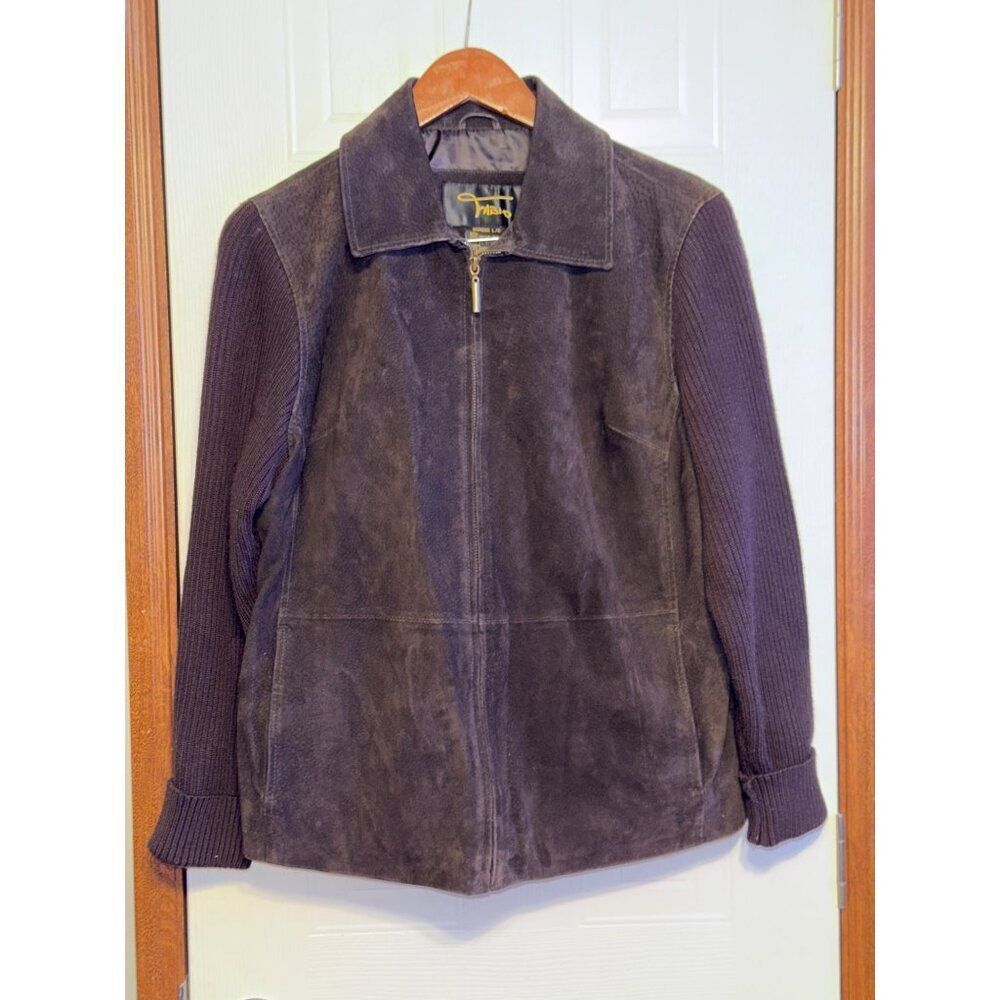Fabio Vintage 90's Brown Suede Leather Full Zip Jacket With Ribbed Sleeves Sz L